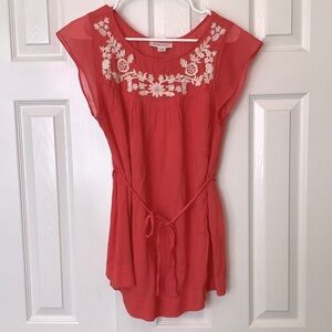 EUC Motherhood Women's Coral Peach Embroidered Top Maternity Tie M